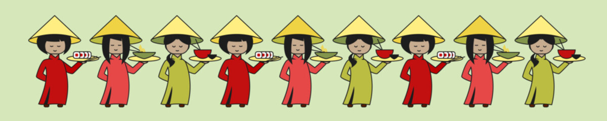 Asian waitresses with national dishes