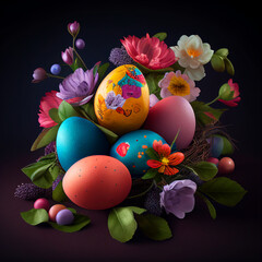 Fototapeta na wymiar Easter eggs and flowers, generative ai