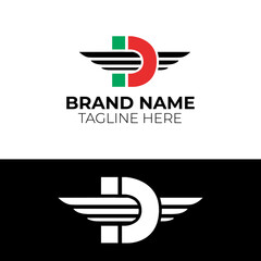 Initial Letter D company Logo design, White Geometric Shape with arrow wings isolated on Black Background. Usable for Business and Branding Logos. Flat Vector Logo Design Template Element.