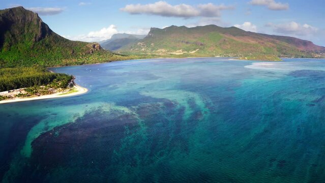 "Underwater Waterfall" spectacular 3D illusion famous landmark on Mauritius island near Le Morne peninsula. Also a wonderful kiteboarding and windsurfing spot. Exotic traveling aerial photo concept.