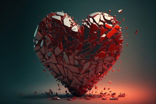 Broken Red Heart with Shattered Glass Texture, with Generative AI Technology Assistance Licensed for Commercial Use