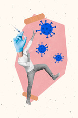 Vertical creative photo collage of headless man hand instead of head hold injector virus molecule...