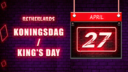 Happy Koningsdag King's Day of Netherlands, 27 April. World National Days Neon Text Effect on bricks background