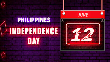 Happy Independence Day of Philippines, 12 June. World National Days Neon Text Effect on bricks background
