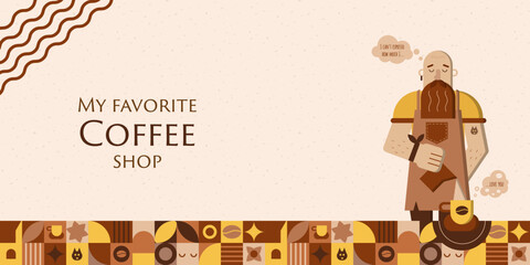 Horizontal coffee shop banner with barista making coffee in cup on square geometric abstract mosaic table. Poster for coffee house, coffee break, cafeteria, restaurant, web page. Vector illustration.