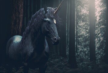Obraz na płótnie Canvas illustration of black unicorn stand in dark dim light forest Generative Ai