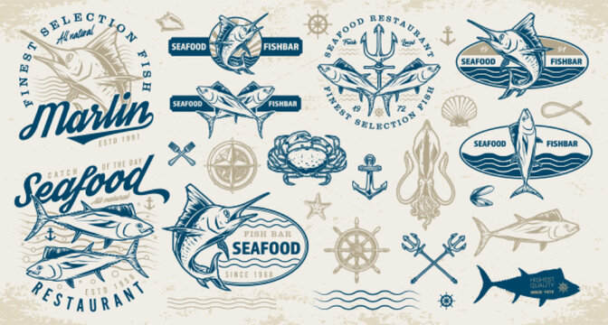 Sea food restaurant set stickers colorful