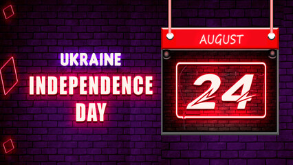 Happy Independence Day Of Ukraine, 24 August. World National Days Neon Text Effect on bricks background