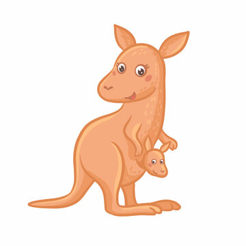 Mom kangaroo with baby in her pocket. Hand drawn vector illustration with Australian animal theme
