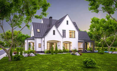 Fototapeta na wymiar 3d rendering of cute cozy white and black modern Tudor style house with parking and pool for sale or rent with beautiful landscaping. Fairy roofs. Clear summer evening with cozy light from window