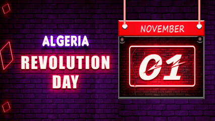Happy Revolution Day of Algeria, 01 November. World National Days Neon Text Effect on bricks background