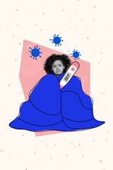 Vertical collage image of unsatisfied black white colors girl covered blanket measure high temperature painted virus bacteria