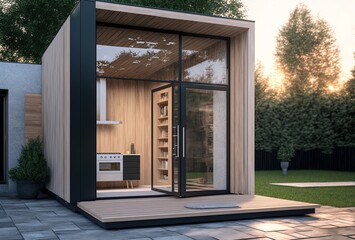 illustration of outdoor sauna cabin with nature green garden	
