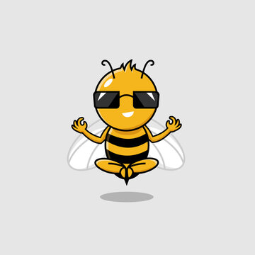 Cool bee in sunglasses, sitting in yoga posture. Vector hand drawn illustration with cute character, mascot
