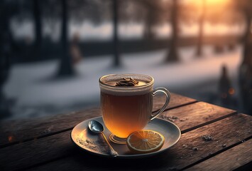 Fototapeta na wymiar illustration of hot lemon tea cup on wooden table with nature park on winter season background 