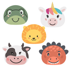 Frog, cow , unicorn , Dino, lion -cute animals faces . Hand drawn vector illustration
