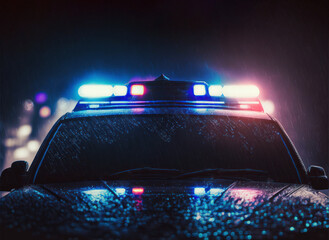 Fototapeta police car lights in city at night. generative ai obraz