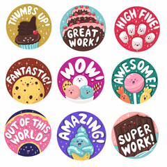 Cupcake,marshmallow, ice cream, candy, chokolate, donut, cookie. Kid’s Reward Sticker Set for teacher with sweets theme. Hand drawn digital vector illustrations
