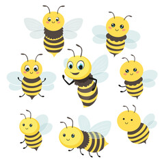 Little bee character, mascot. Set of hand drawn vector illustration icons
