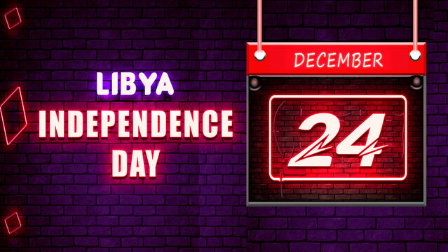 Happy Independence Day of Libya, 24 December. World National Days Neon Text Effect on bricks background