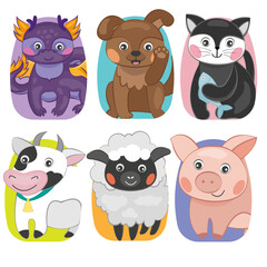 Symbols of the year - dragon, dog, cat, sheep, pig. Cute animal characters vector illustrations for backpacks, luggages
