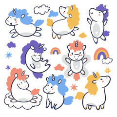 Little unicorns characters. Hand drain vector illustrations

