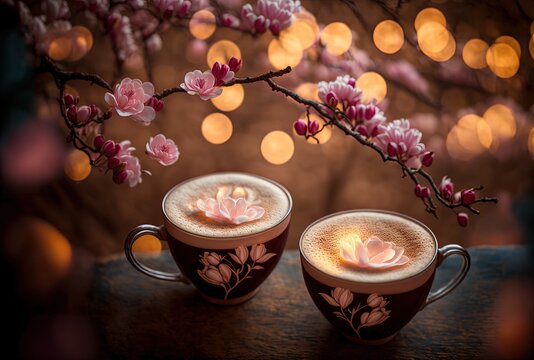 Artistic beautiful romance two cups of latte coffee or chocolate serve with cherry blossom flower branch, spring season and national spring festival theme drink, idea for background  Generative Ai