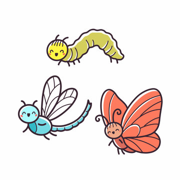 Dragonfly, butterfly, caterpillar - kids theme icons. Vector hand drawn illustrations
