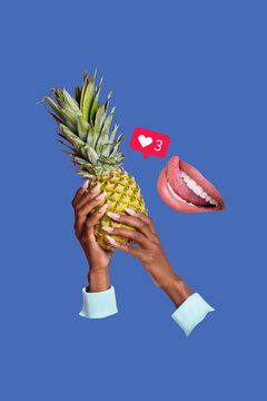 Naklejki Surreal unusual composition creative collage of silhouette person enjoy tasty high quality pineapple ripe approve likes