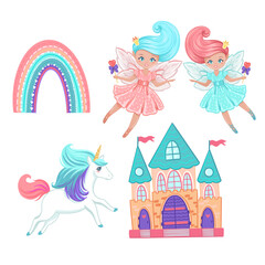 Obraz na płótnie Canvas Princess fairy , unicorn, rainbow and castle. hand drawn vector illustrations with magic theme 