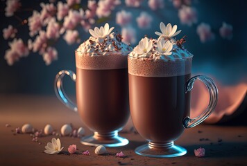  Artistic beautiful romance two cups of hot chocolate serve with cherry blossom flower branch, spring season and national spring festival theme drink, idea for background  Generative Ai