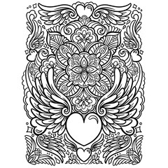 Flying hearts with wings and mandala elements. Hand drawn vector illustrations with doodle outline style
