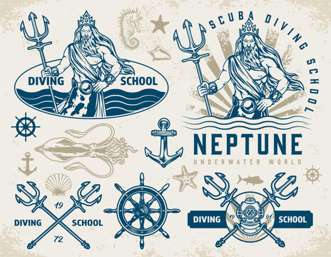 Diving school labels set colorful