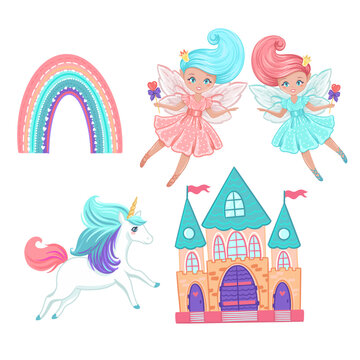 Princess fairy , unicorn, rainbow and castle. hand drawn vector illustrations with magic theme
