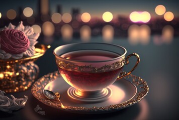 Fototapeta premium illustration of rose and herbal tea with cityscape background, romantic and luxury atmosphere, Generative Ai 