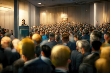 Business woman presenting to a group of people in a conference hall