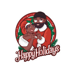 African Mr and Mrs Santa, vector Hand drawn illustration with happy holidays theme
