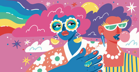 Girls in sunglasses, vector hand drawn illustrations
