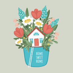 Housewarming greeting card template with vector hand drawn illustration with house and flowers
