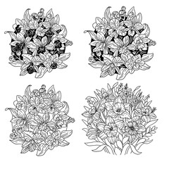 A set of circle compositions of daffodils and orchids. Hand drawn illustrations with bouquets of blossom flowers
