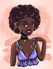 Beautiful young african girl with pink skies and clouds background. Hand drawn illustration of woman portrait