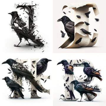 A, B, C, D, E, F, G, H, I, J, K, L, M, N, O, P, Q, R, S, T, U, V, W, X, Y, Z generative ai , halloween, crow, animal, silhouette, illustration, cat, set, cartoon, bird, pumpkin, lack, bat, 