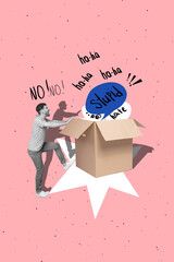 Creative weird surreal picture collage of confused man media blogging cyber bully concept open box...