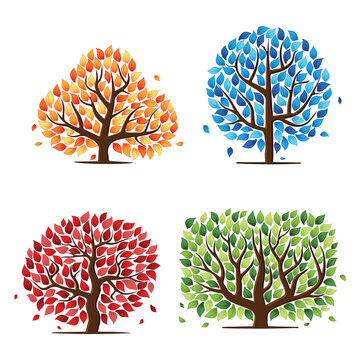 Abstract season leaves tree silhouettes set