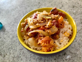 bawl with rice, egg and sausege
