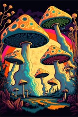 Magic mushrooms 60s psychedelic style, central composition, decorative fantastic shrooms on vibrant, bold abstract psychedelic background. AI generative art, AI generated illustration.
