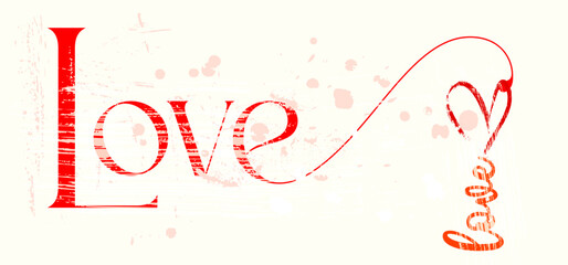 love concept, colorful heart with word, letter, paint strokes and splashes, grungy, copy space