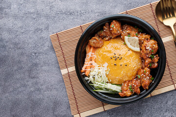 Scrambled Egg Rice with Korean Fried Chicken.