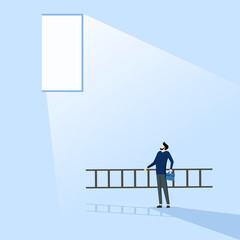 Business Concept hope to solve crisis problem, plan and strategy to achieve achievement, ladder of success concept, businessman holding ladder see hope plan to climb and escape through light exit. © FAHMI 