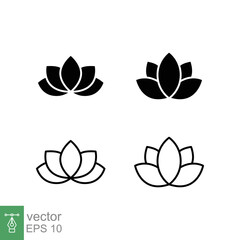 Fototapeta premium Lotus plant icon set. Simple solid and outline style. Harmony symbol, relax spa flower, petal, leaf, bloom, nature concept. Glyph and line vector illustration isolated on white background. EPS 10.